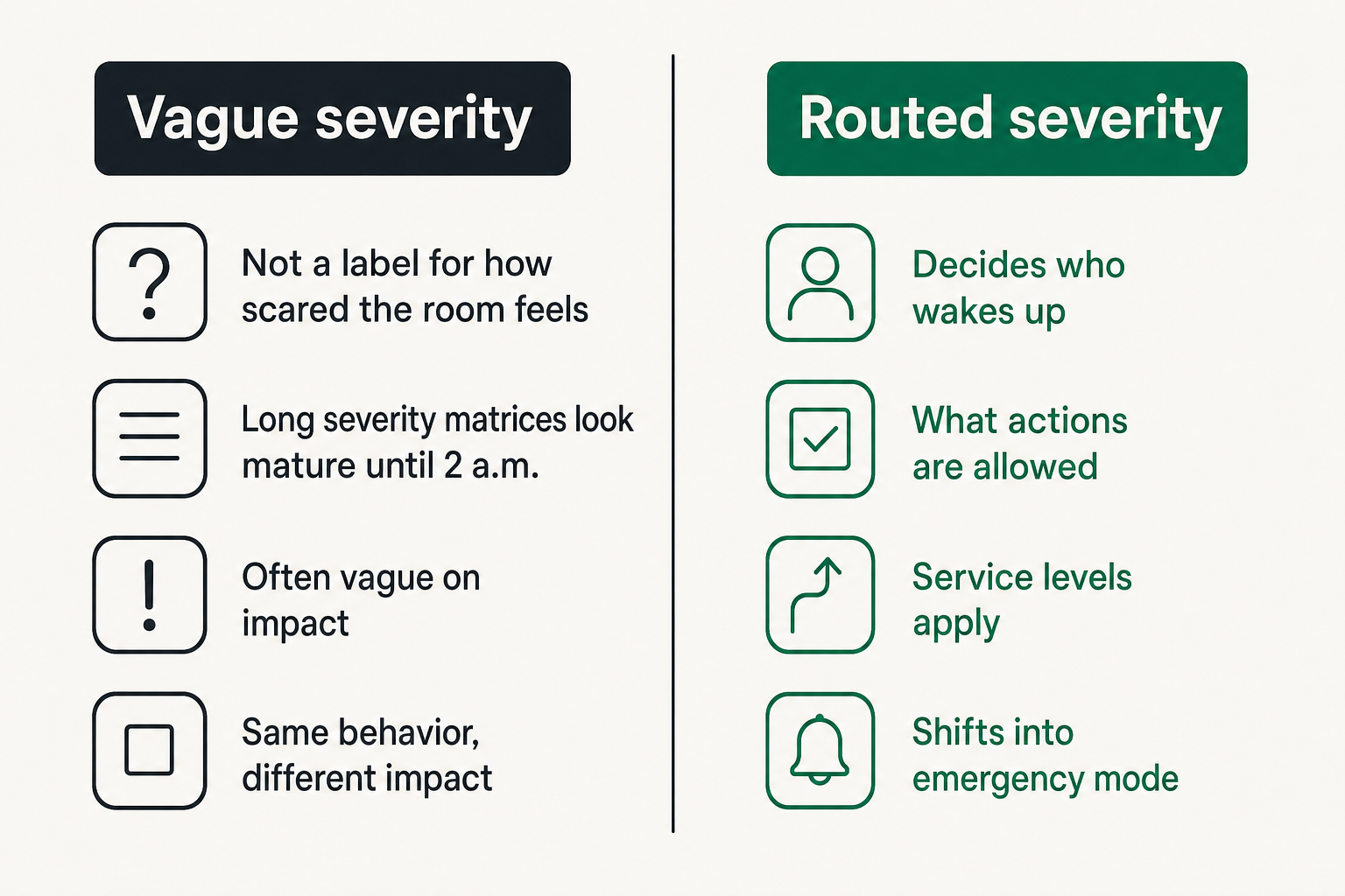Comparison of vague severity versus routed severity in incident response