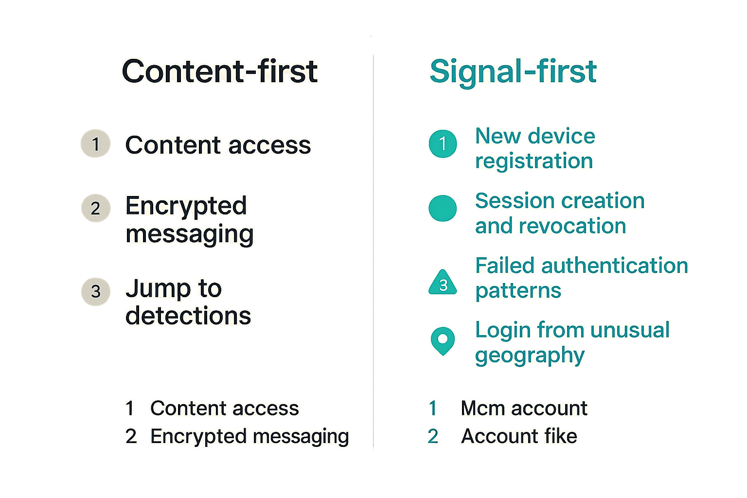 Comparison of content-first and signal-first approaches to encrypted messaging security operations