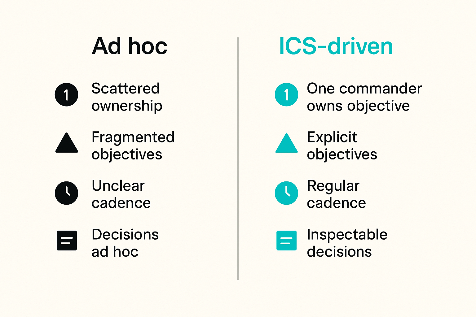 Comparison of ad hoc incident response versus ICS-driven SOC response