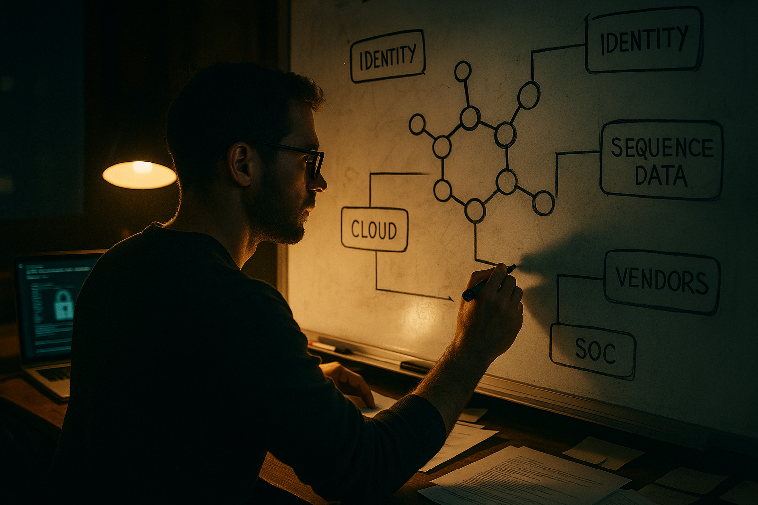 Conceptual view of peptide threat detection spanning lab systems, cloud workflows, identity, and SOC response.