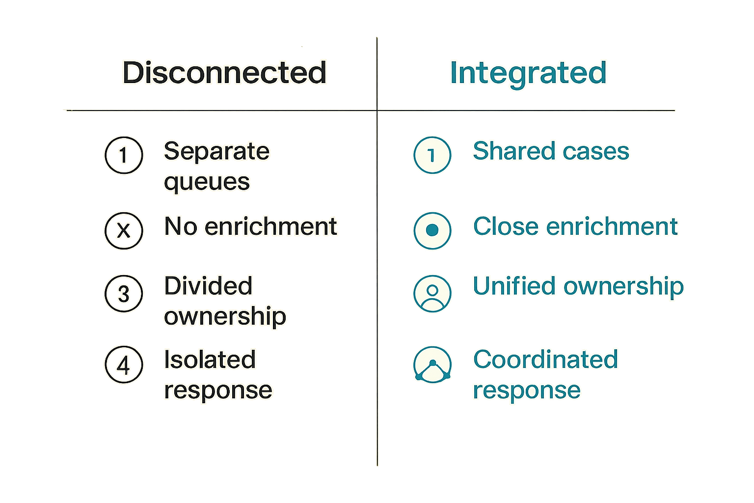 Comparison of disconnected physical security operations versus integrated cyber physical SOC workflow