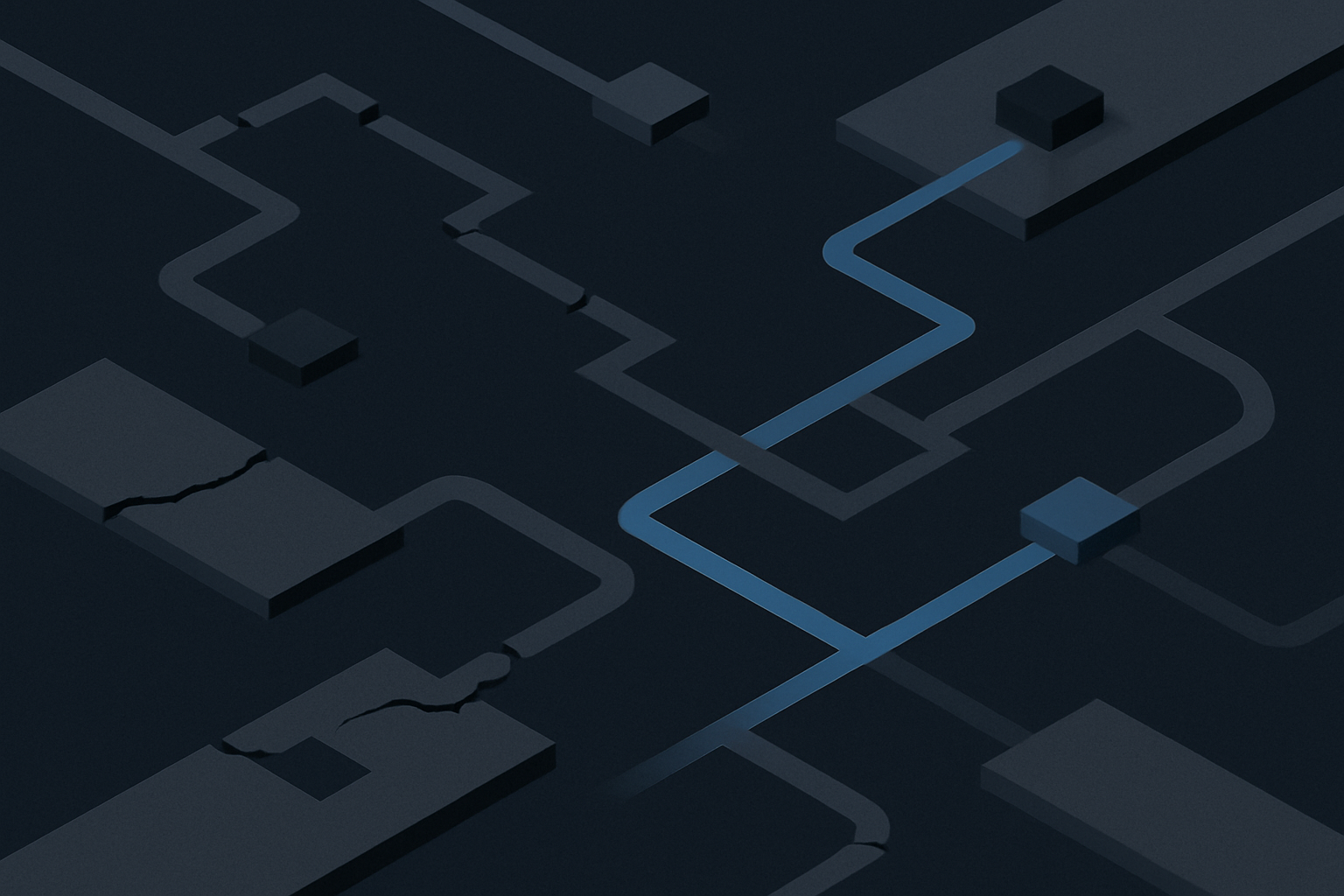 Abstract visualization of fragmented threat analysis workflow paths diverging and reconnecting