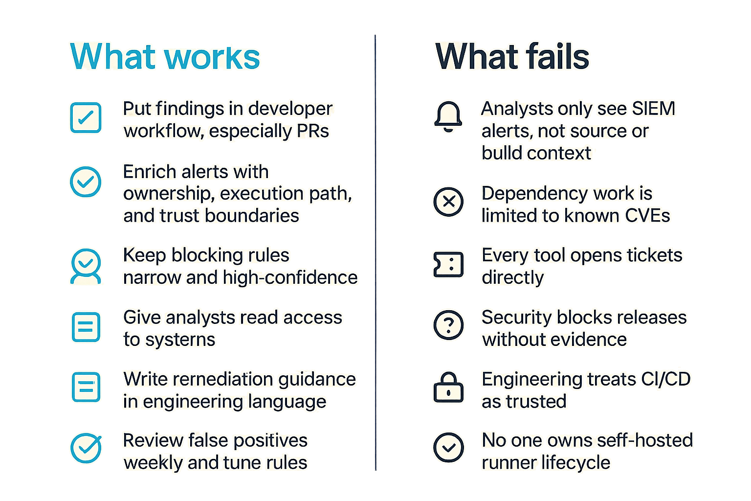 Comparison of production analyst practices that work versus practices that fail