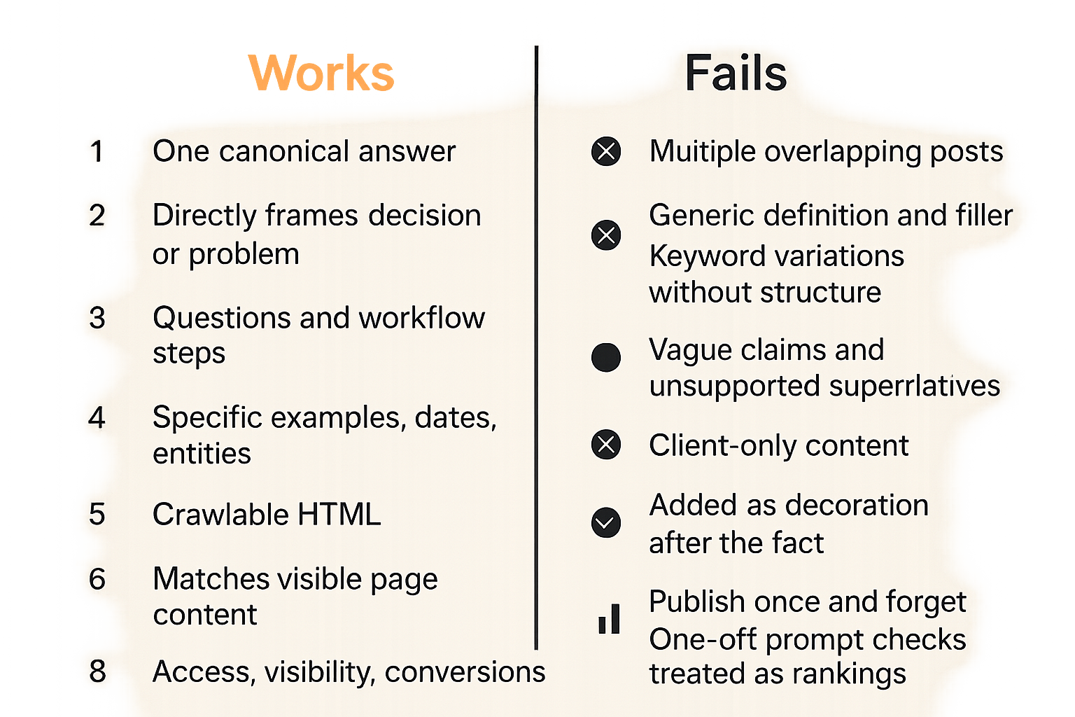 Comparison of AI article practices that work versus practices that fail