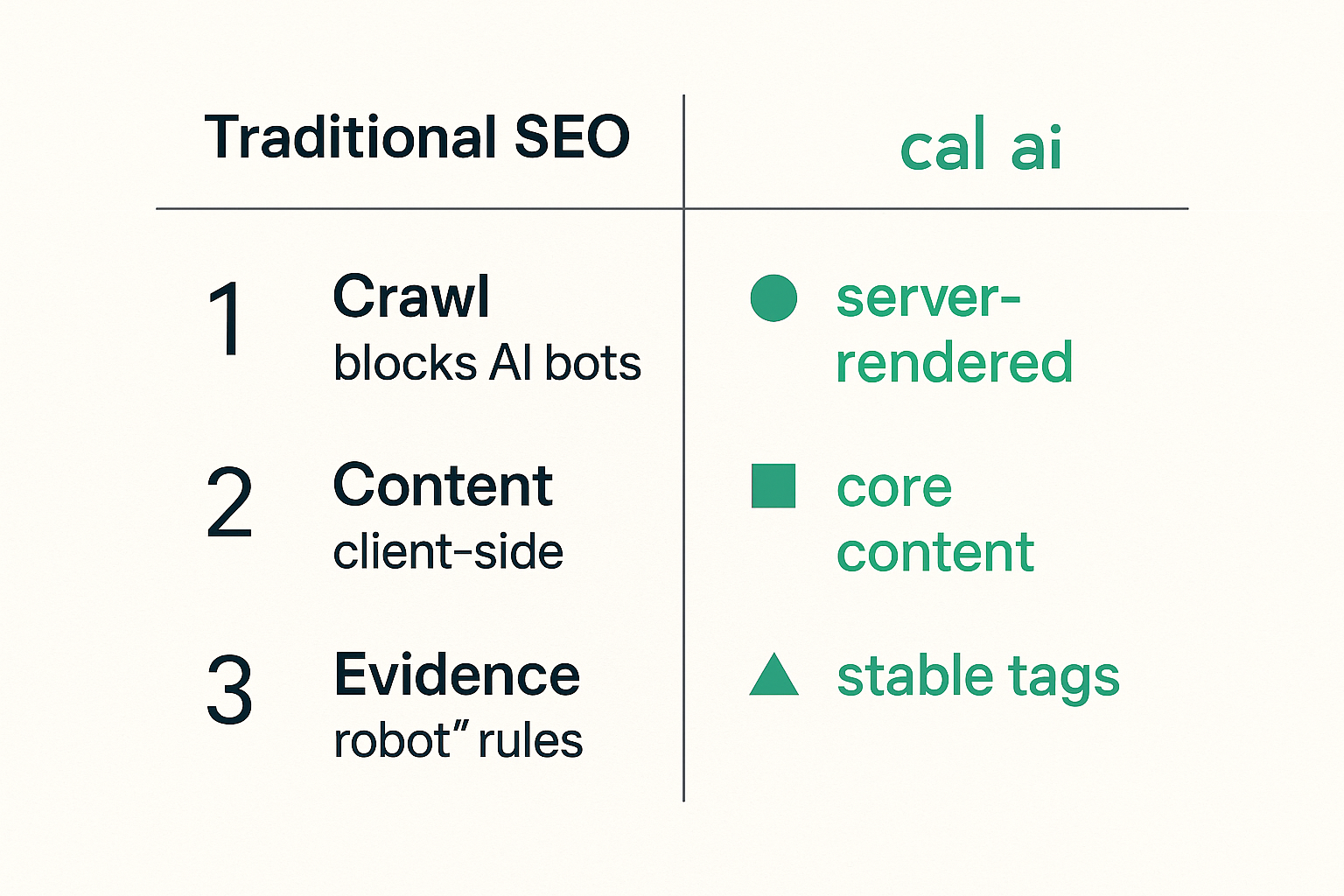 Comparison of crawl, content, and evidence layers in cal ai visibility