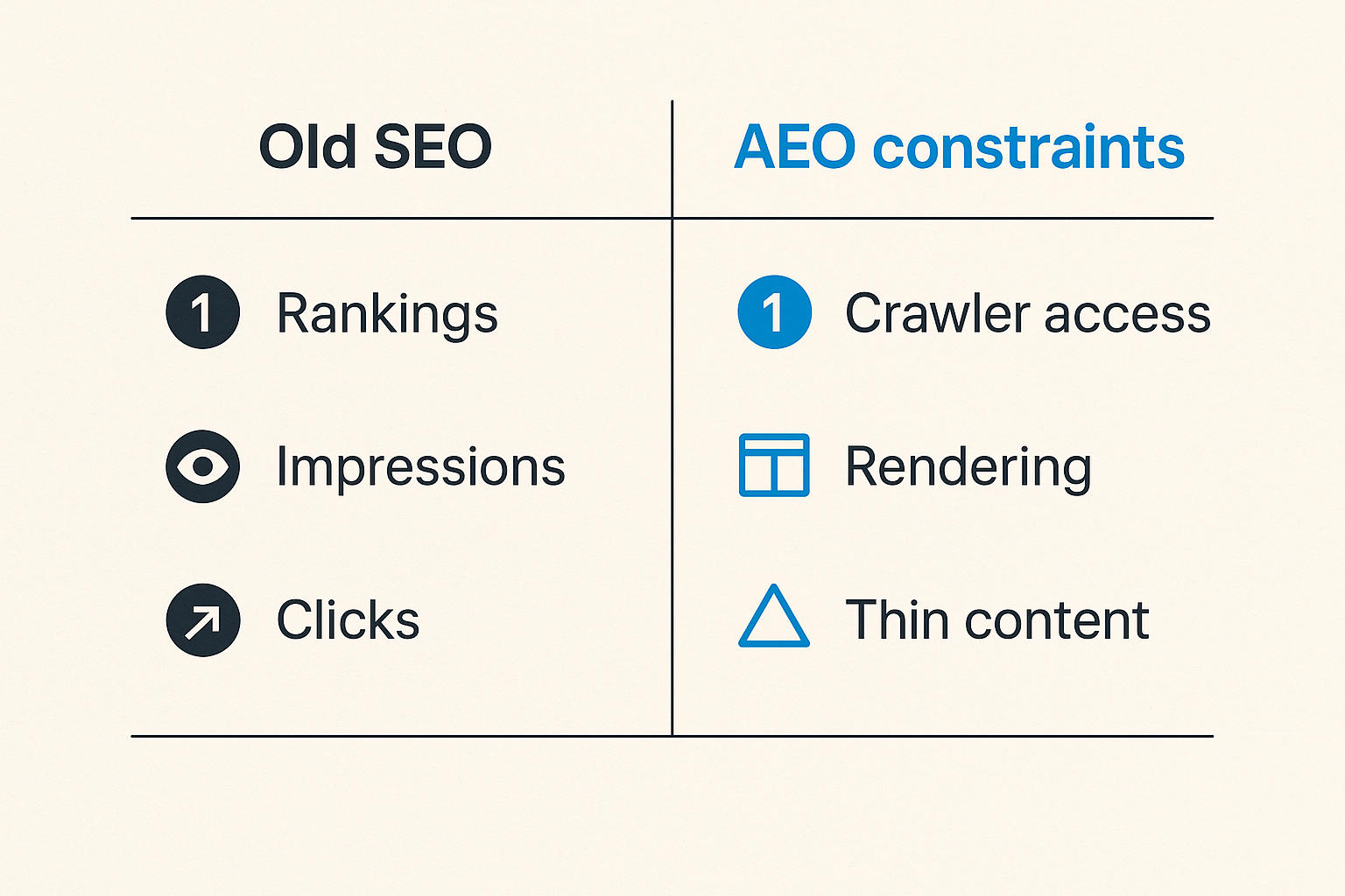 Comparison of traditional SEO ranking focus and AEO constraint removal focus