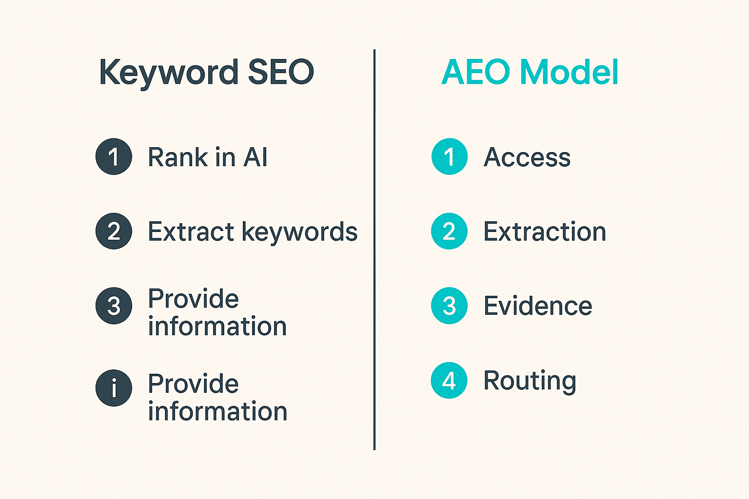 Comparison of keyword-first SEO and AEO optimization models