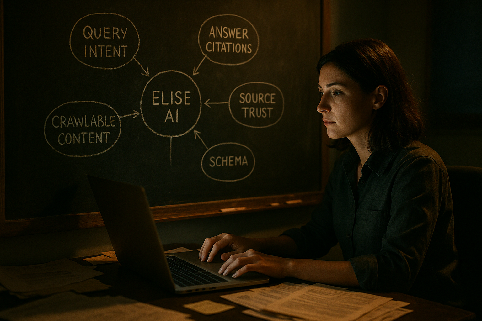 Diagram showing Elise AI as an entity connected to queries, sources, schema, and crawler access