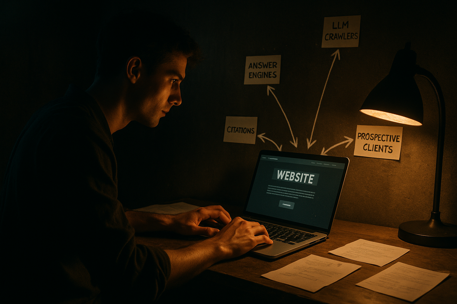 Diagram showing a freelancer website being interpreted by AI answer engines and human prospects