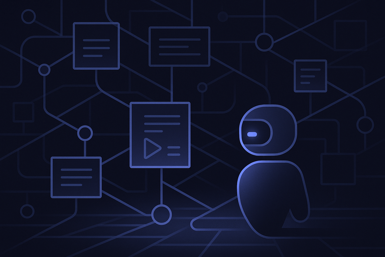 Abstract visualization of an agentic AI system navigating a web of interconnected content nodes