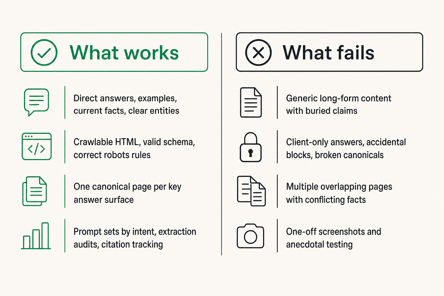 Comparison of weak AI visibility work versus durable answer engine optimization