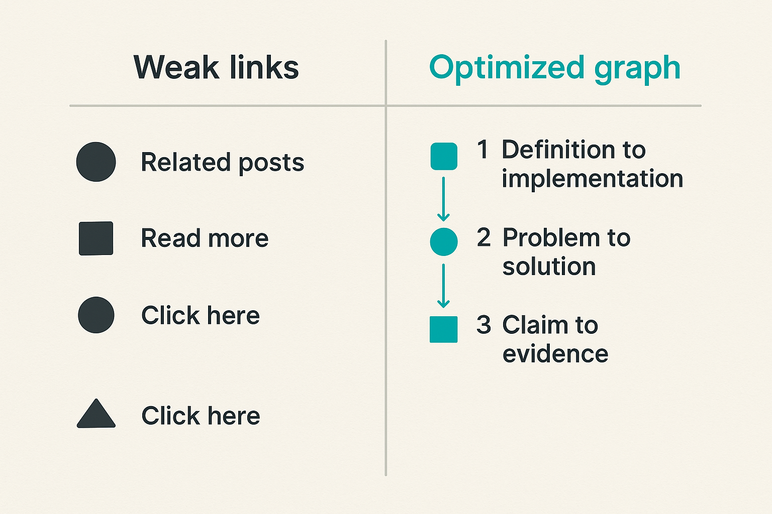 Comparison of weak internal linking versus optimized answer engine linking