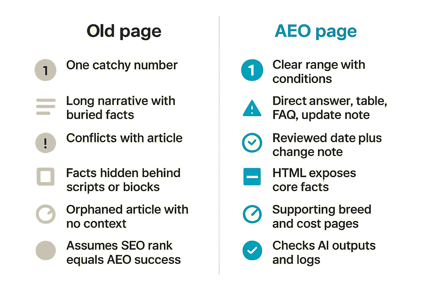 Comparison of a weak price page and a citeable AEO price page