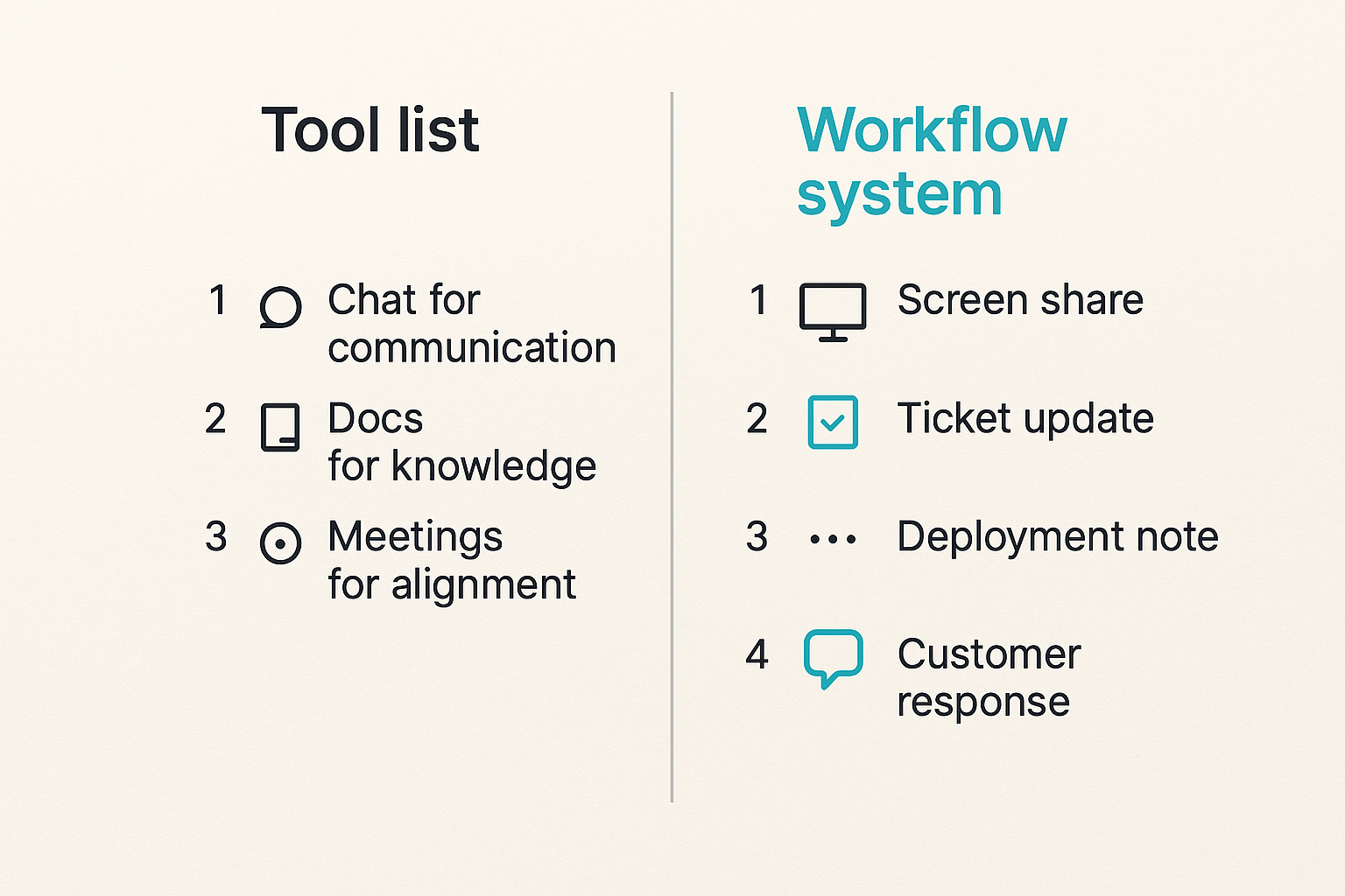 Comparison of tool list thinking versus workflow architecture for remote collaboration