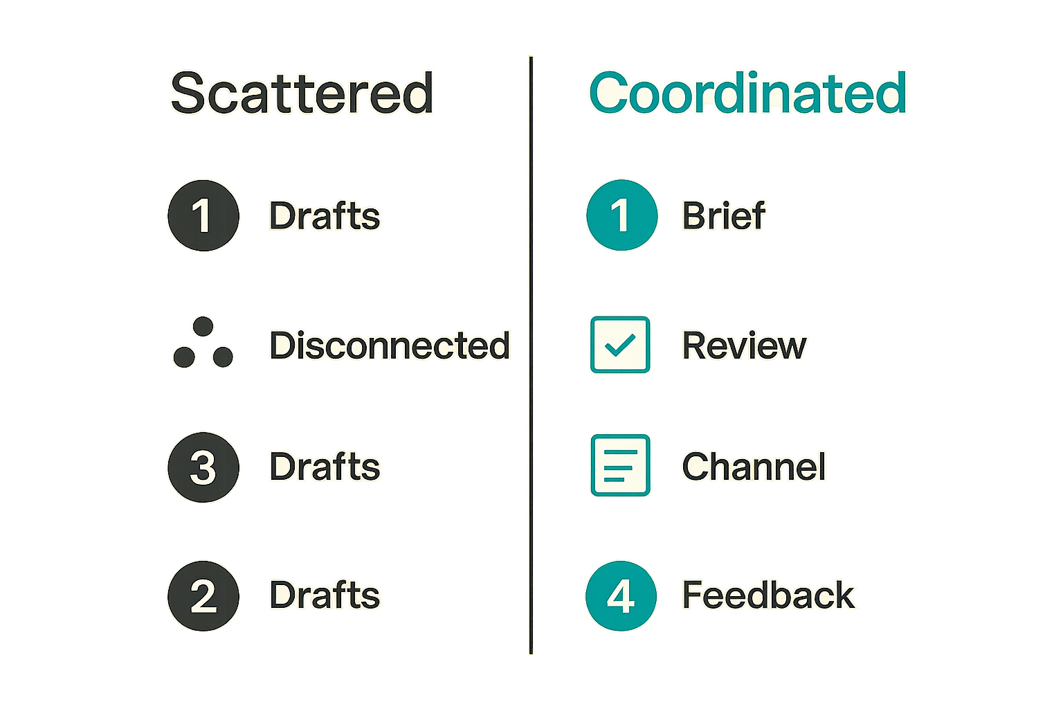 Comparison of weak and strong AI launch content workflows