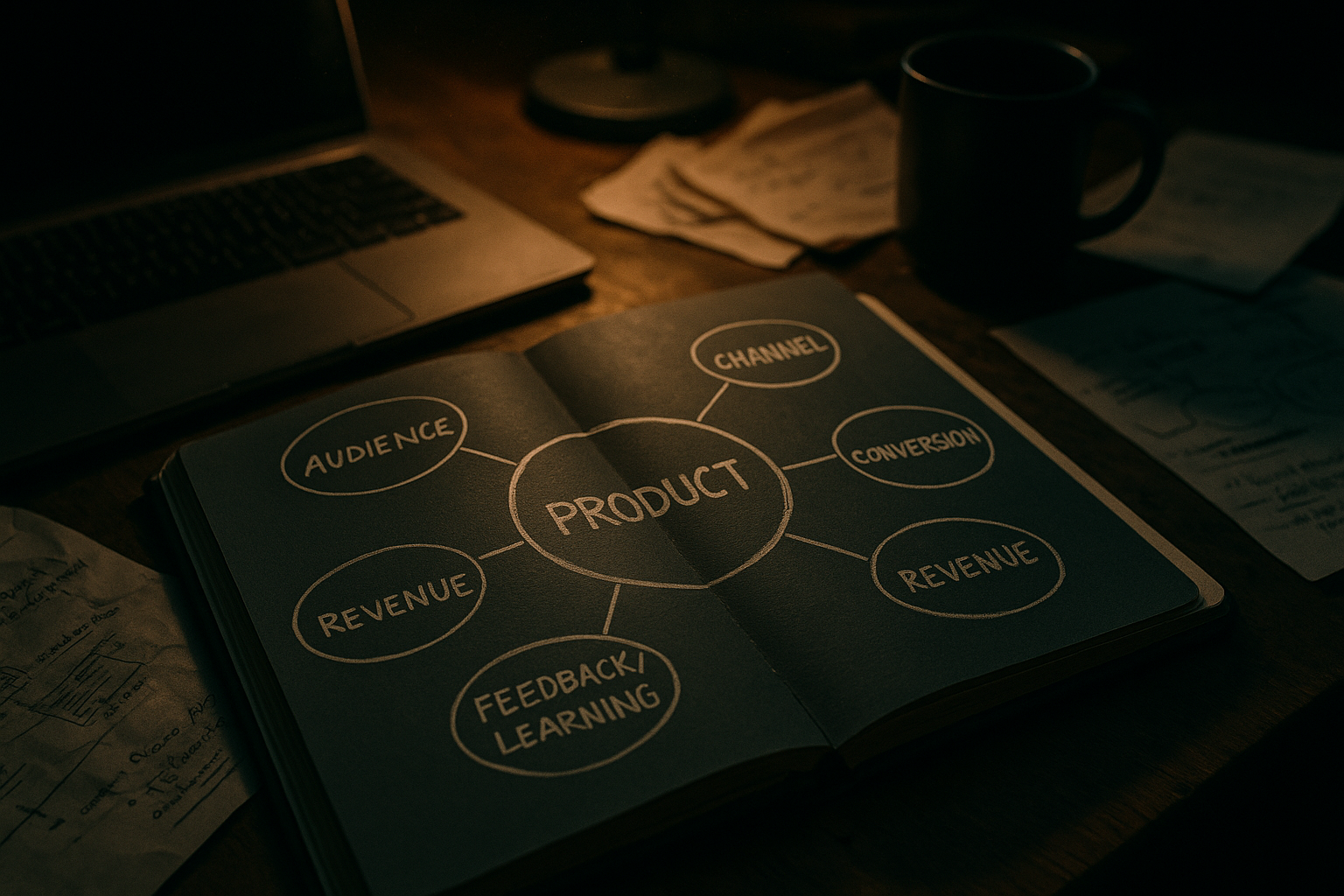 Diagram showing go to market strategy connecting product, audience, channels, revenue, and learning loops.