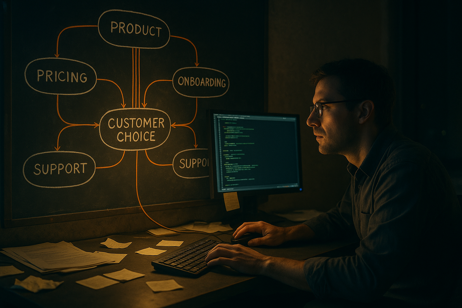 Diagram showing product differentiation as an operating system across product, pricing, onboarding, launch, and support.
