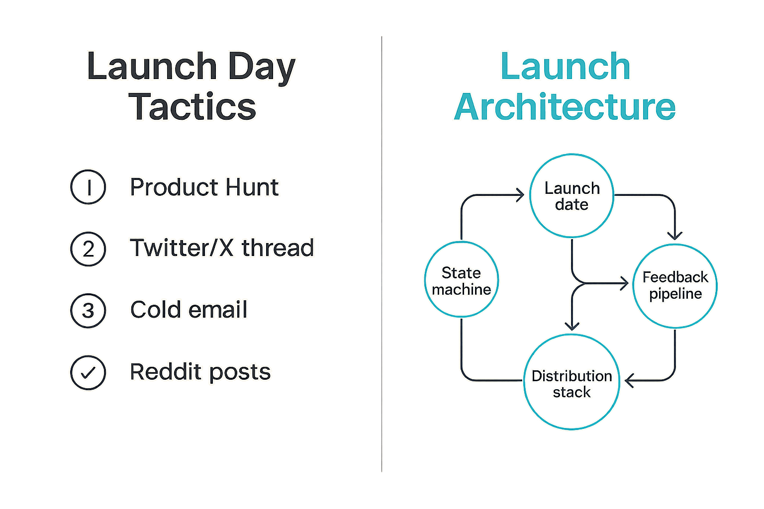 A diagram showing the gap between a one-day launch tactic list and a full launch architecture with six interconnected components