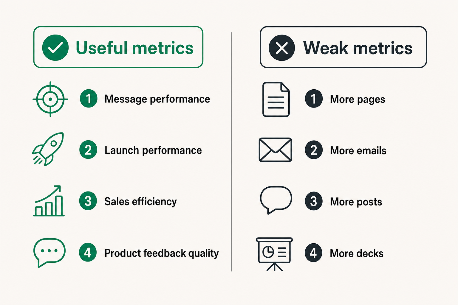 Comparison chart of useful product marketing metrics versus weak activity metrics