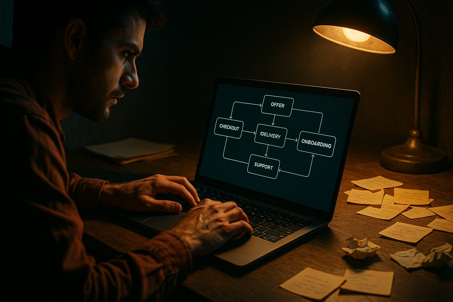 Diagram showing a digital product sale as a connected operating system beyond checkout