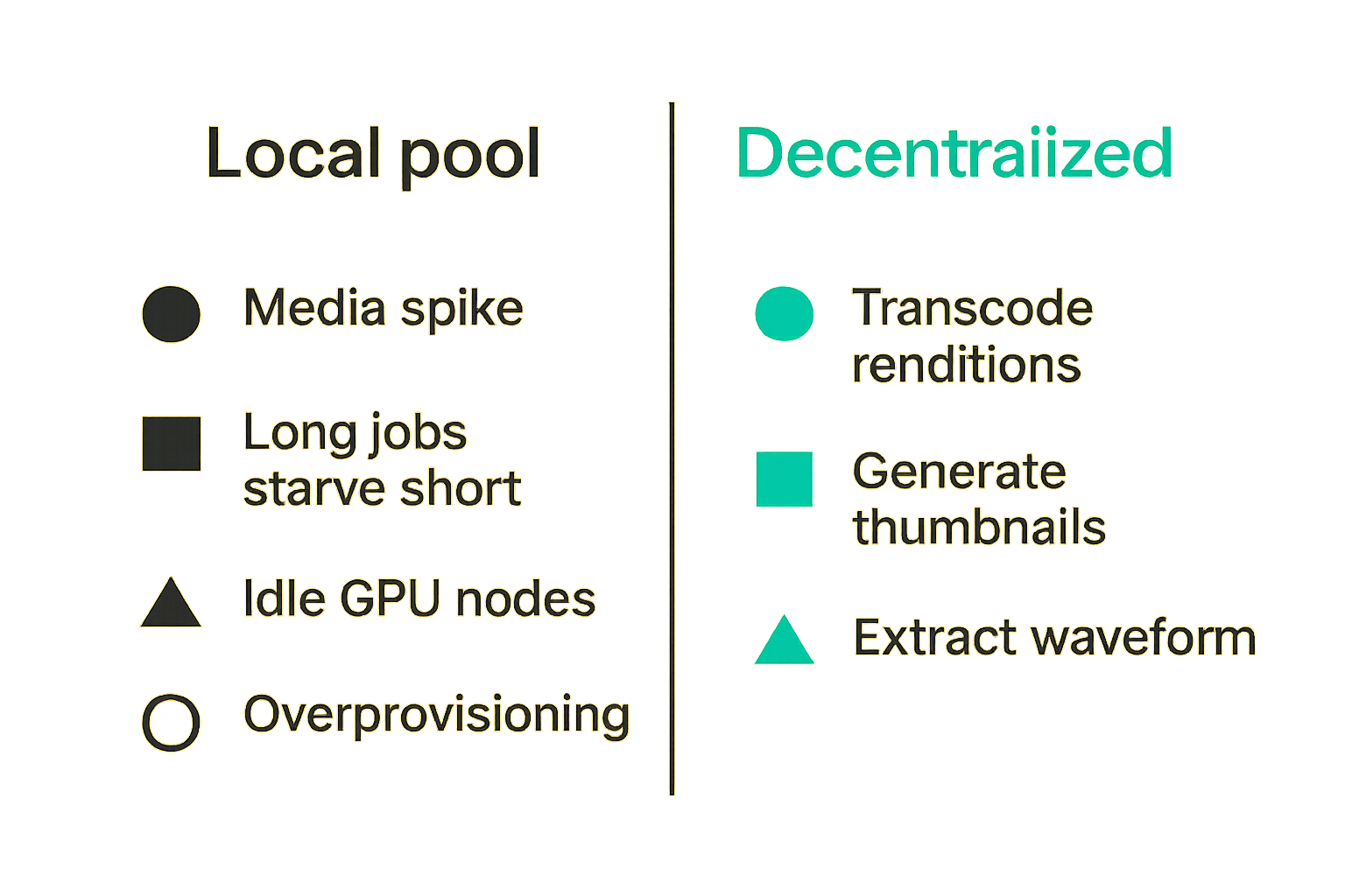 Comparison of local worker pools and decentralized compute for burst video transcoding.
