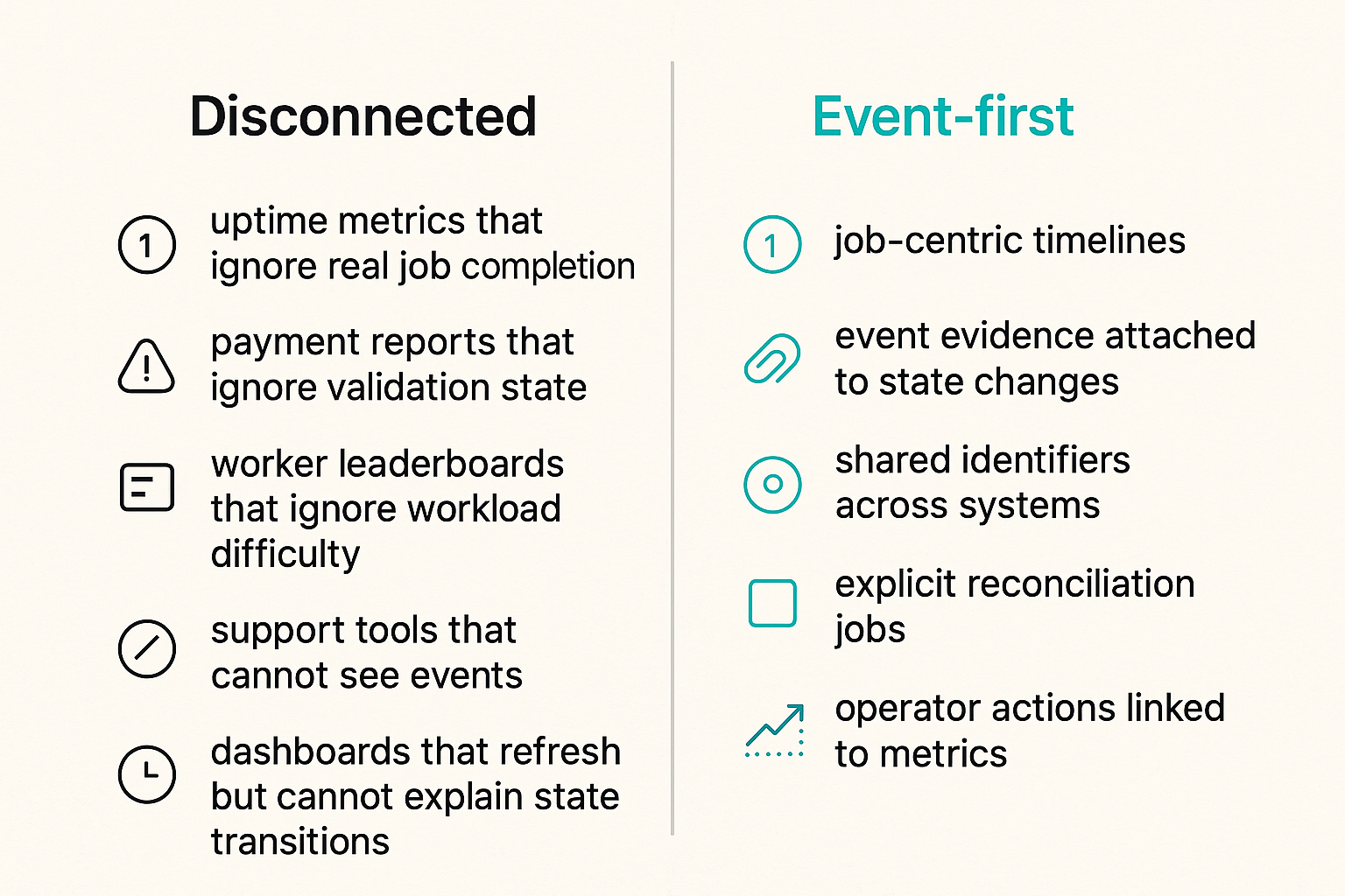 Comparison of disconnected dashboards versus event-first operations