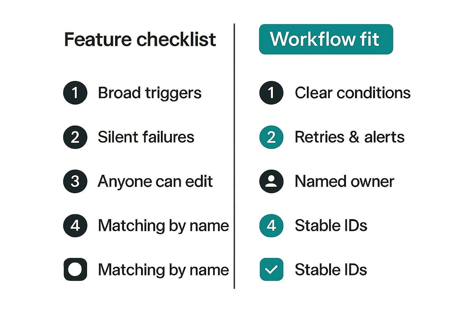 Comparison graphic contrasting checklist buying with workflow-based automation evaluation