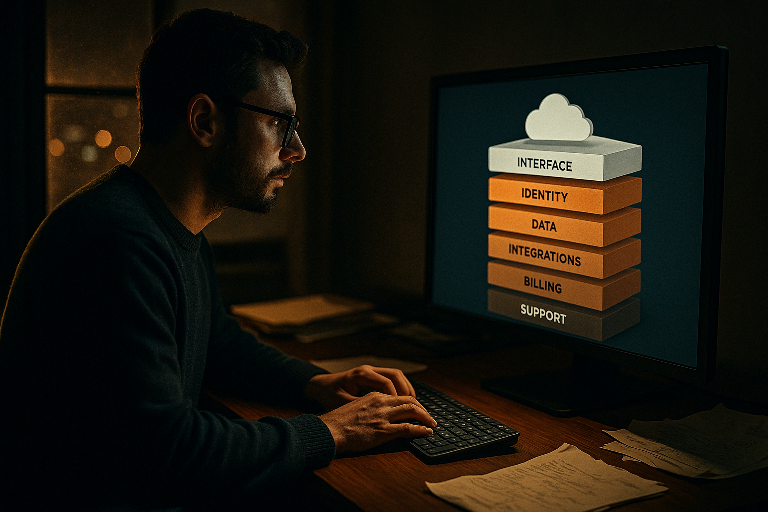 Diagram showing cloud software as layers behind a user interface