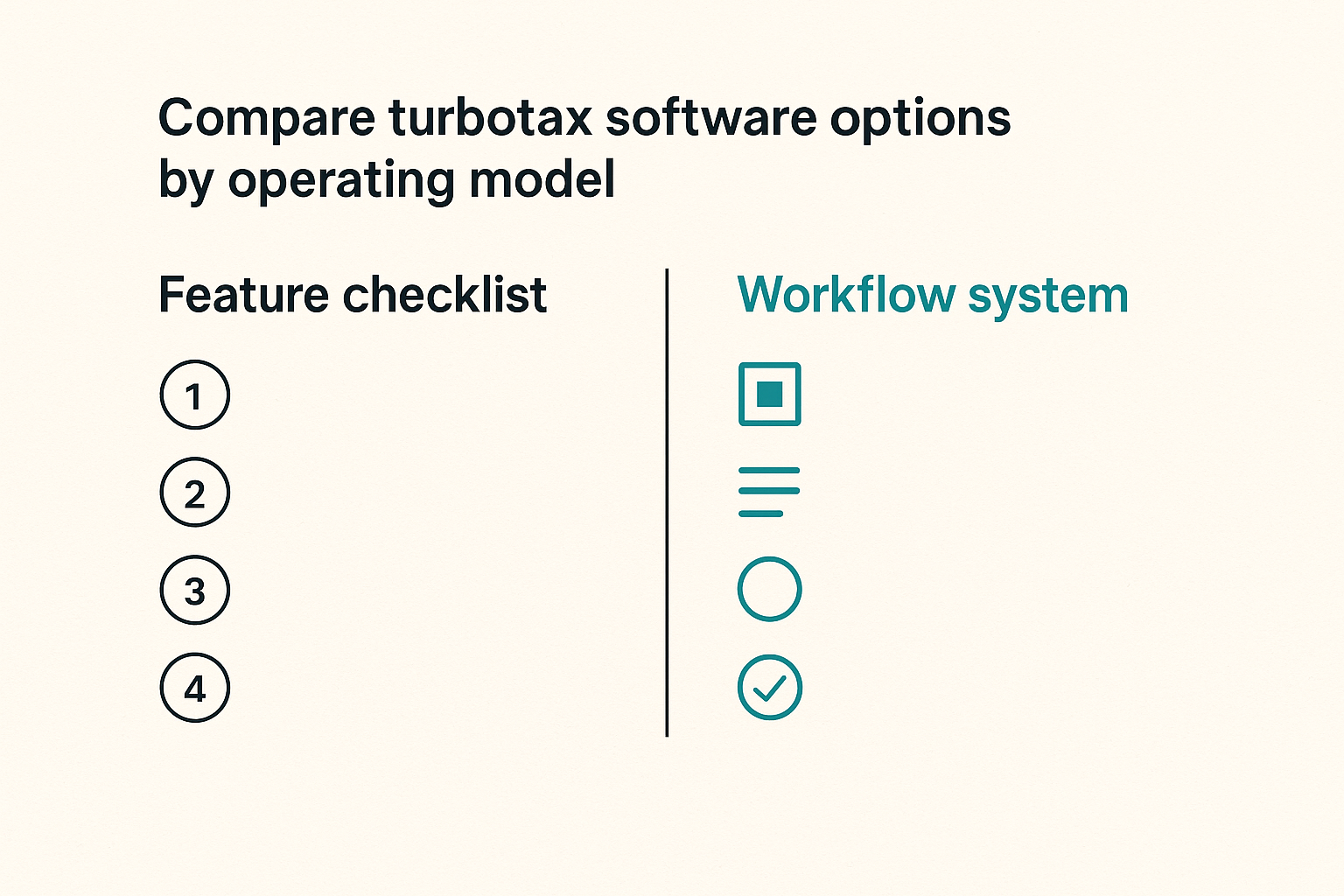 Comparison of choosing tax software by feature checklist versus by operating workflow.