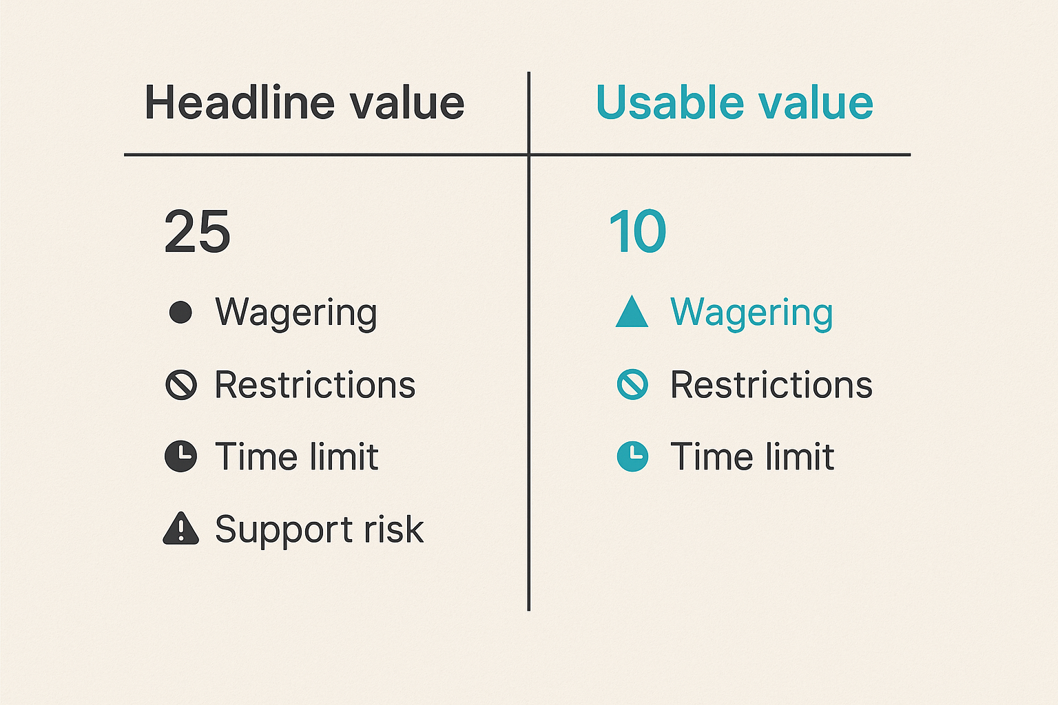 Comparison of headline bonus value versus usable value