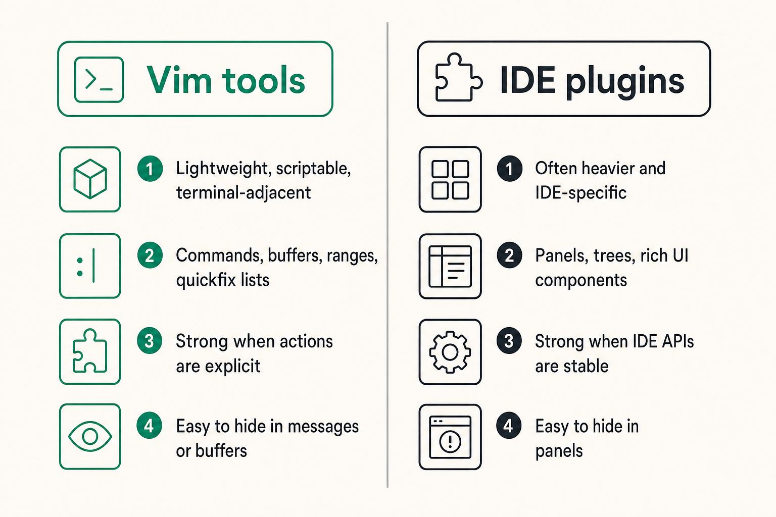 Comparison of Vim tools and generic IDE plugins across automation, portability, visibility, and control.