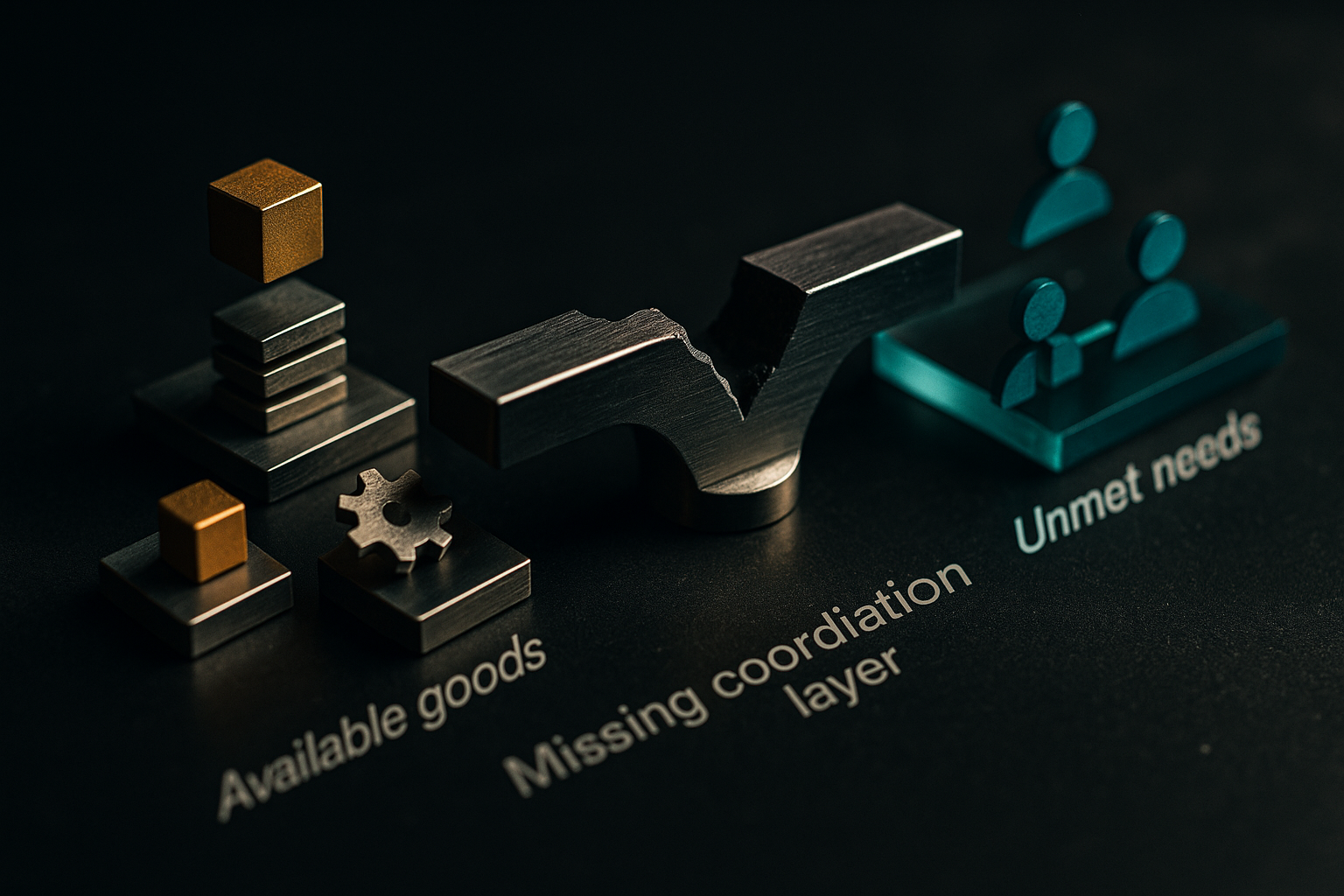 Diagram showing the gap between community goods supply and demand without a coordination layer