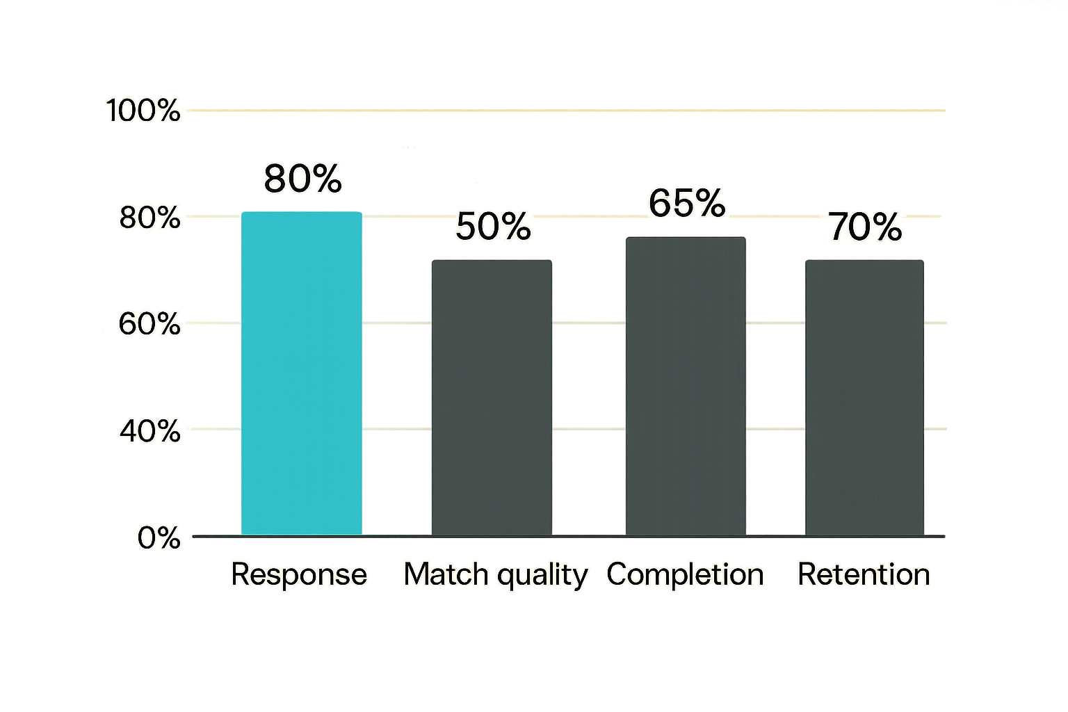 Bar chart of operational community health metrics including response, match, completion, and retention.