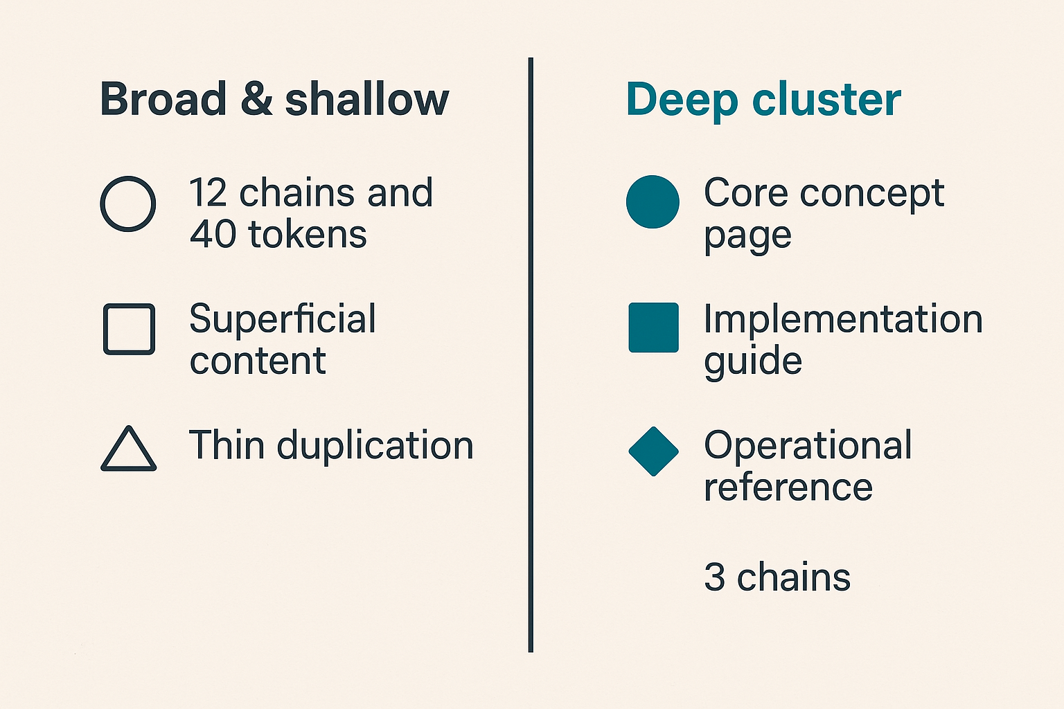 Comparison of broad shallow content strategy versus tight topical cluster strategy for AEO in blockchain payments