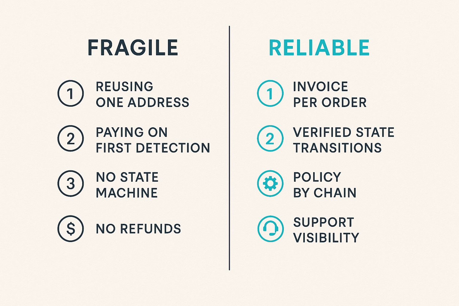 Comparison of fragile and reliable blockchain merchant account implementations