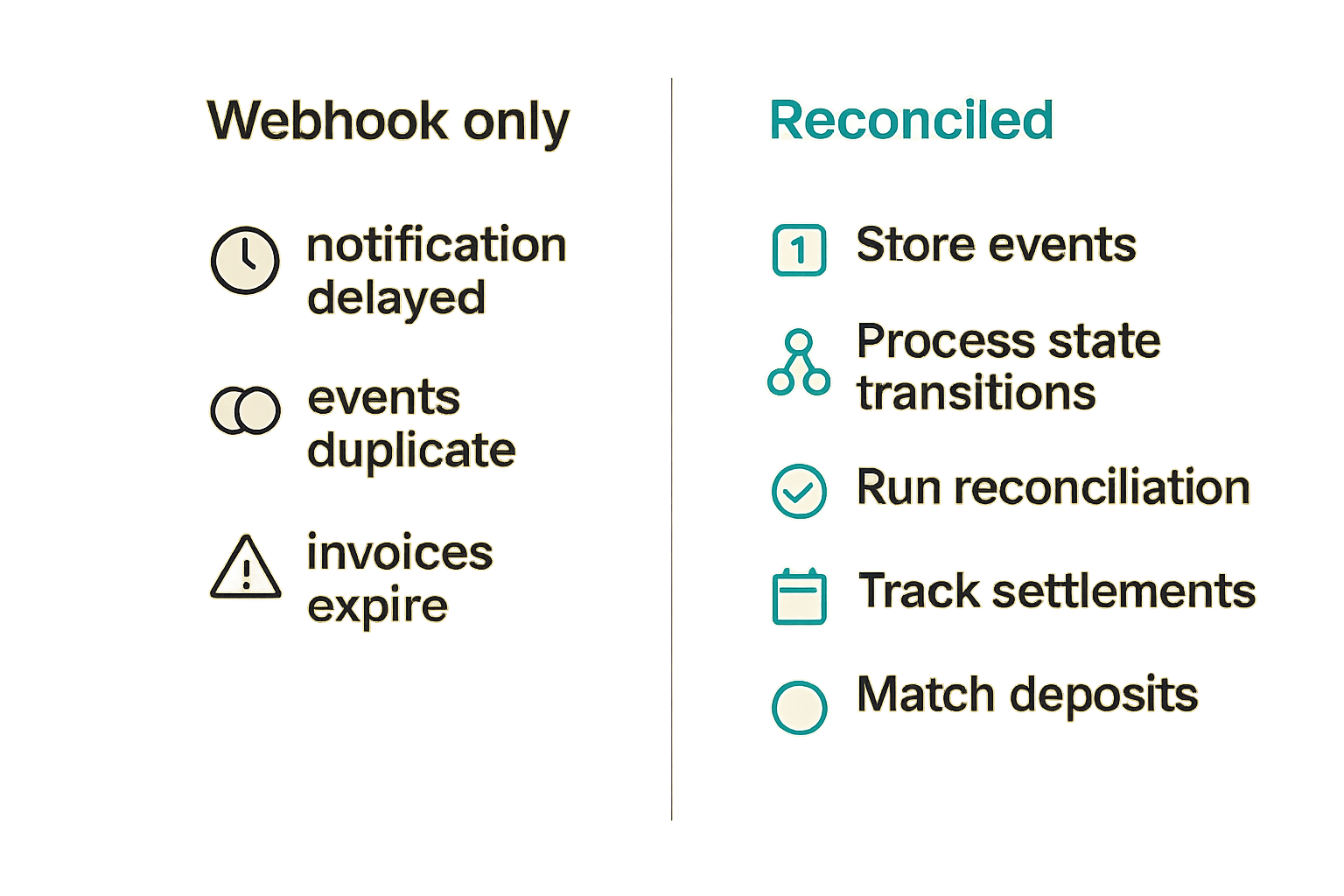 Comparison of webhook-only processing versus reconciliation-backed payment operations
