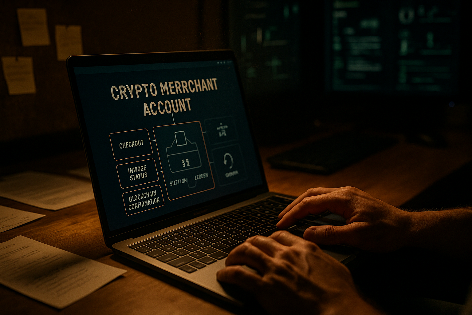 Diagram showing a crypto merchant account connecting checkout, blockchain payments, settlement, and support workflows.