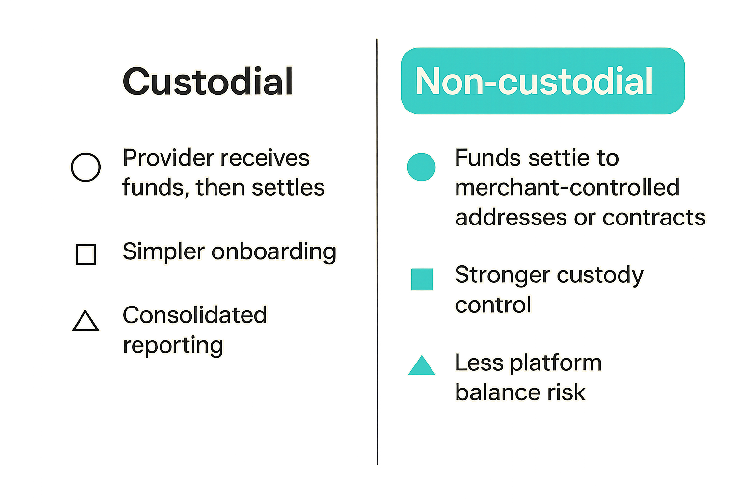 Comparison of custodial, non-custodial, and hybrid crypto merchant account models.