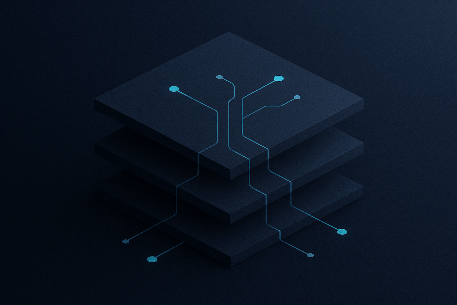 Abstract diagram showing three interconnected layers of a crypto payment architecture: merchant backend, gateway middleware, and blockchain settlement