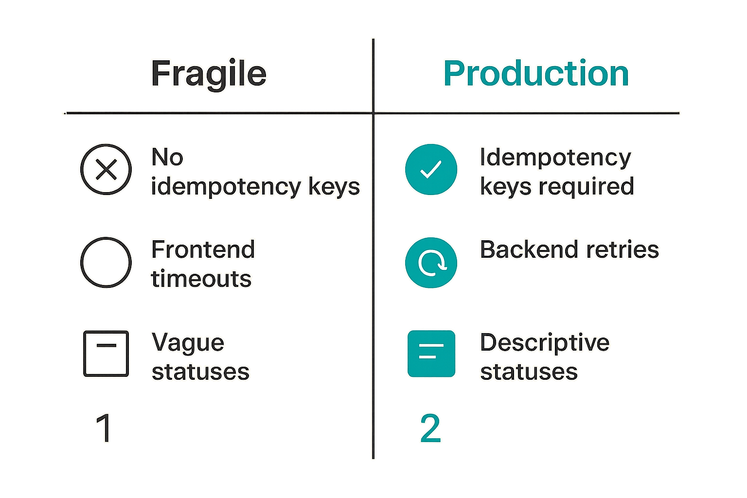 Comparison of fragile checkout flow versus backend-owned payment state