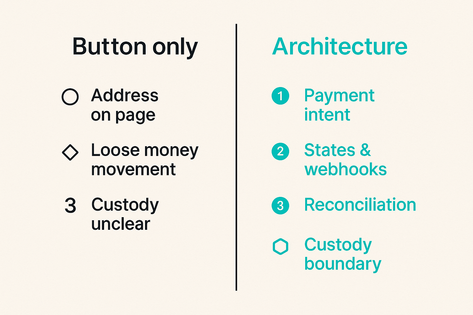 Comparison of weak crypto checkout and production payment architecture