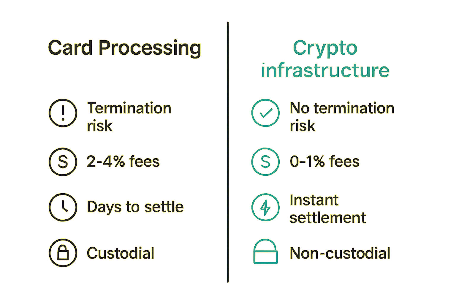 Comparison of traditional high-risk card processing versus crypto payment infrastructure for merchants