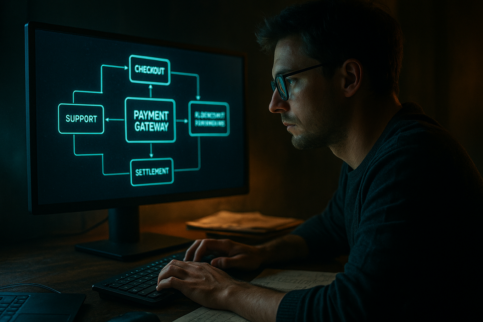 Architecture view of a peptide payment gateway connecting checkout, invoices, blockchain monitoring, and merchant operations.