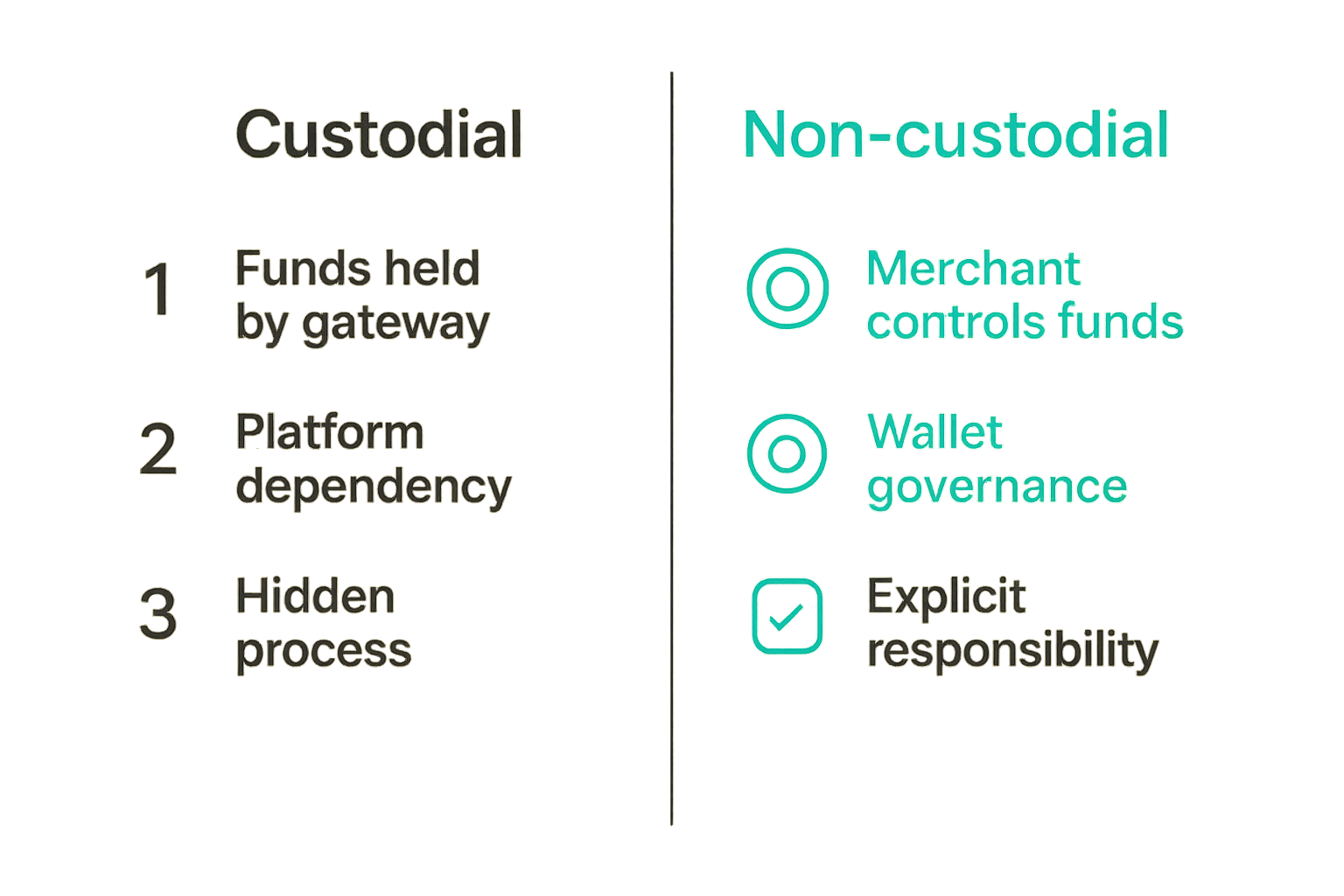 Comparison of custodial and non-custodial settlement responsibilities for crypto payments.
