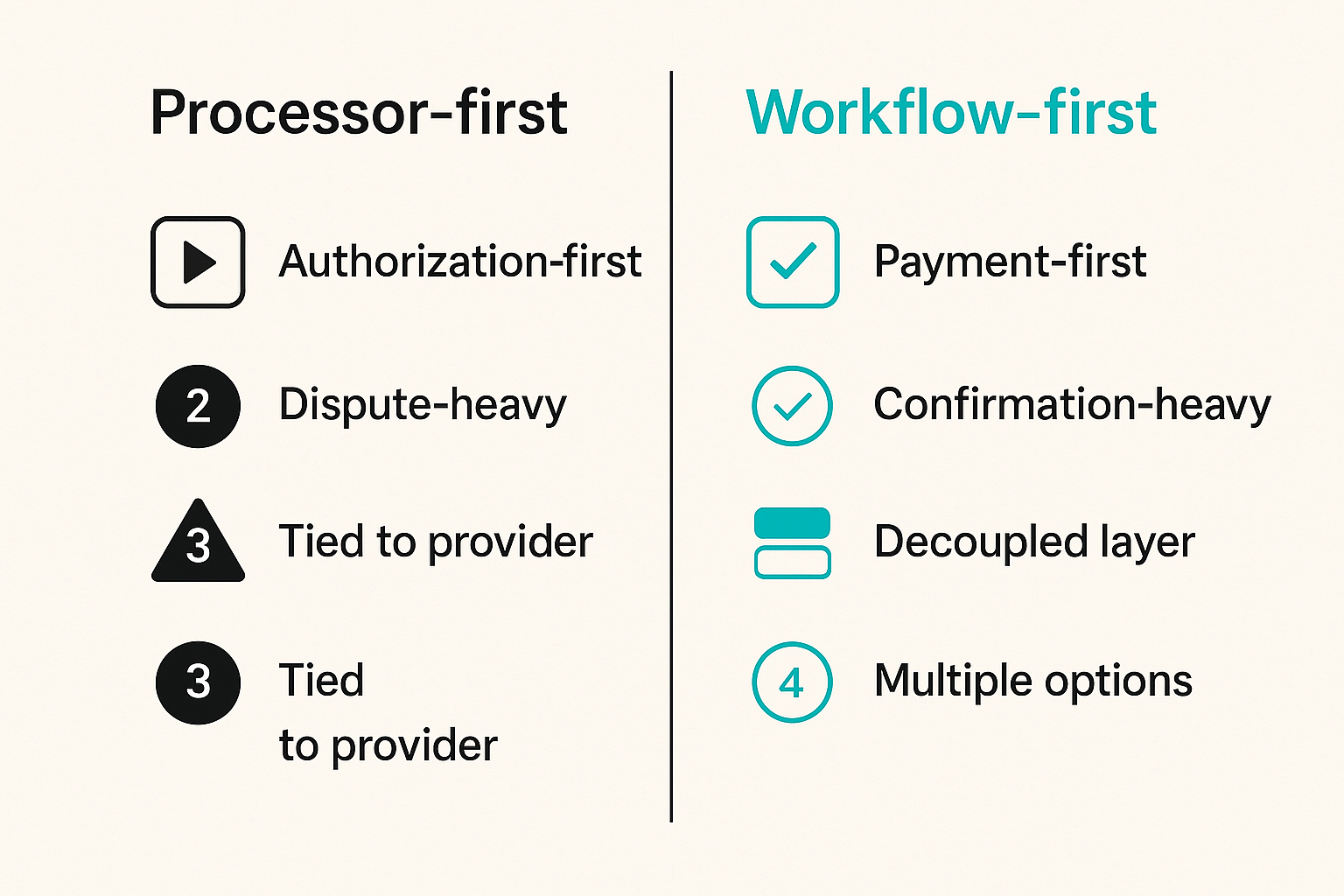 Comparison of processor-first and workflow-first peptide payment architecture