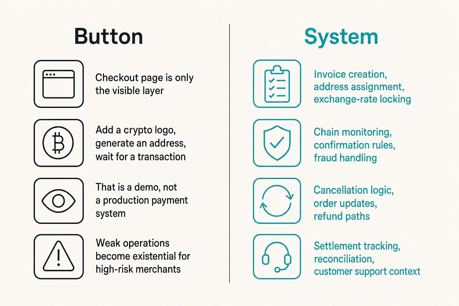 Comparison of crypto checkout as a button versus as a payment operating system