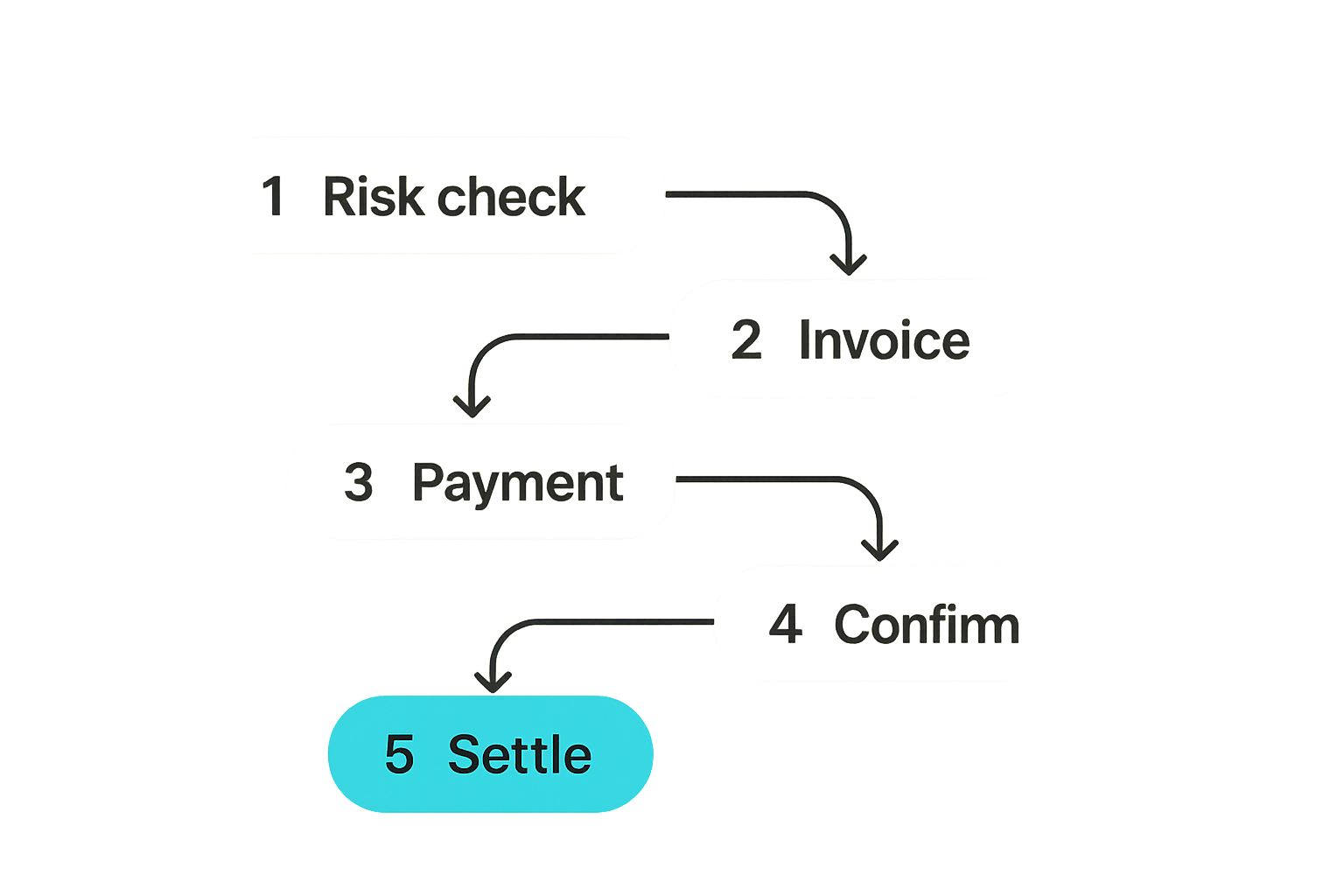 Flow of crypto payment rails from risk check to settlement