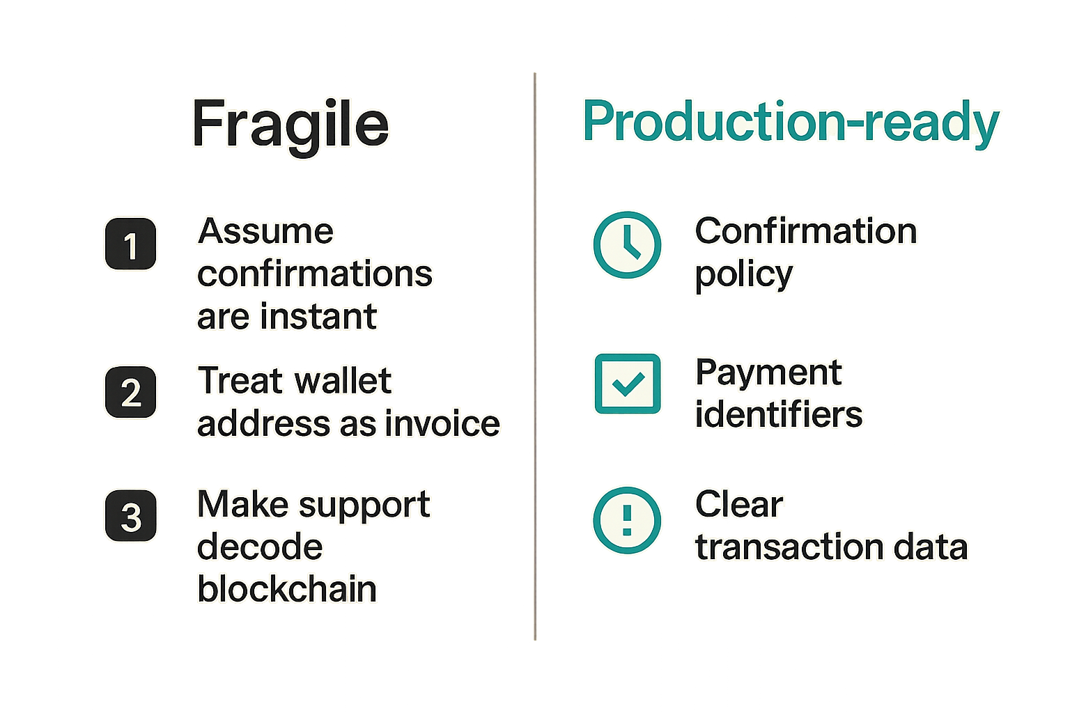 Comparison of fragile and production-ready crypto payment implementations