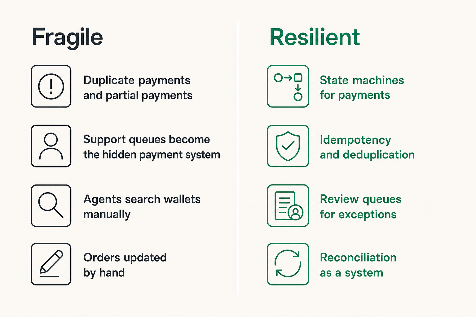 Comparison of fragile and resilient payment operations
