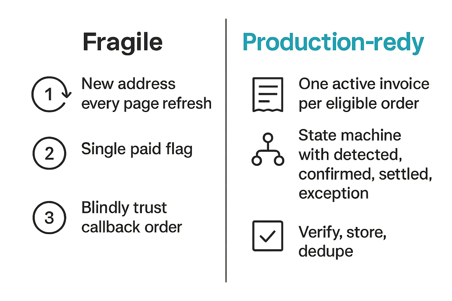 Comparison of fragile and production-ready peptide payment implementations